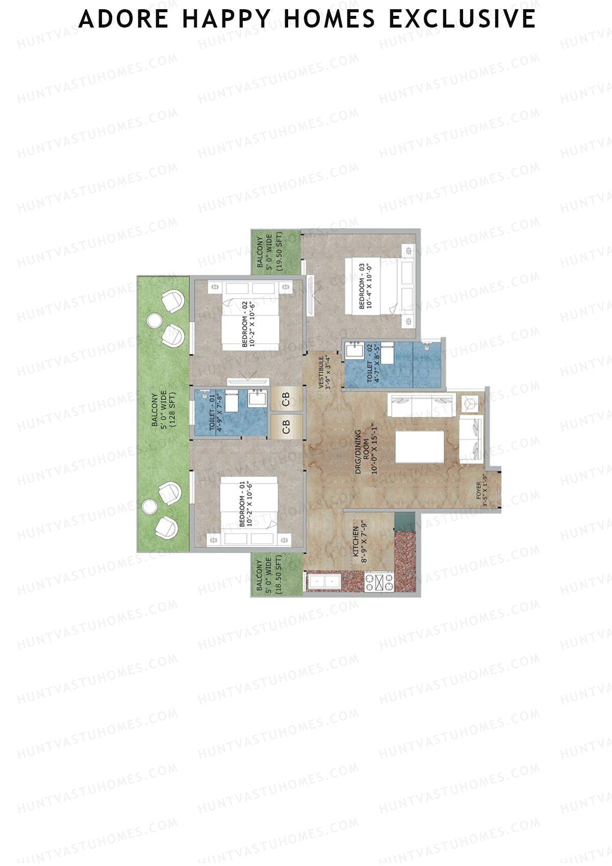 Adore Happy Homes Exclusive, Tower 17, Unit 2 (Type D), 3BHK, Super Area 811   sq ft 