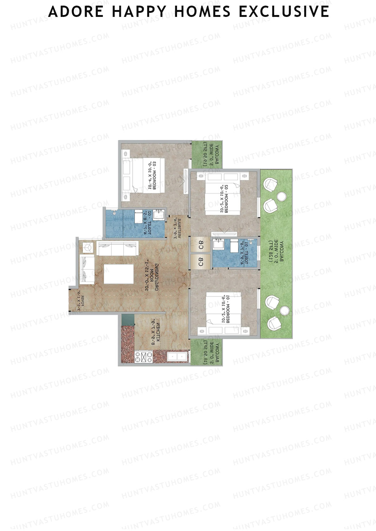 Adore Happy Homes Exclusive, Tower 17, Unit 3 (Type D), 3BHK, Super Area 811   sq ft 