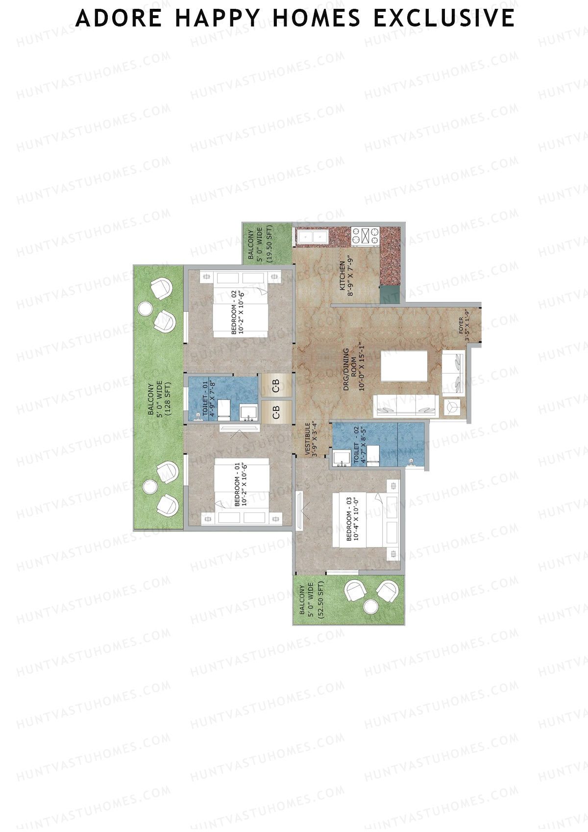 Adore Happy Homes Exclusive, Tower 18, Unit 1 (Type C), 3BHK, Super Area 845   sq ft 