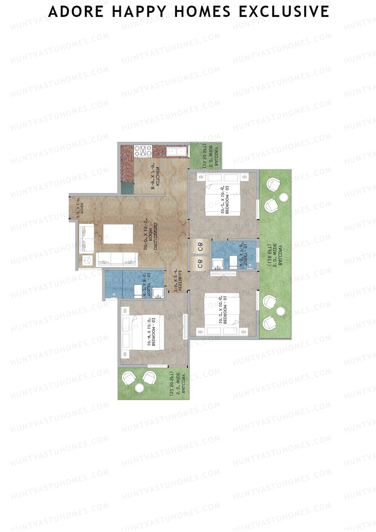 Adore Happy Homes Exclusive, Tower 18, Unit 4 (Type C), 3BHK, Super Area 845   sq ft 