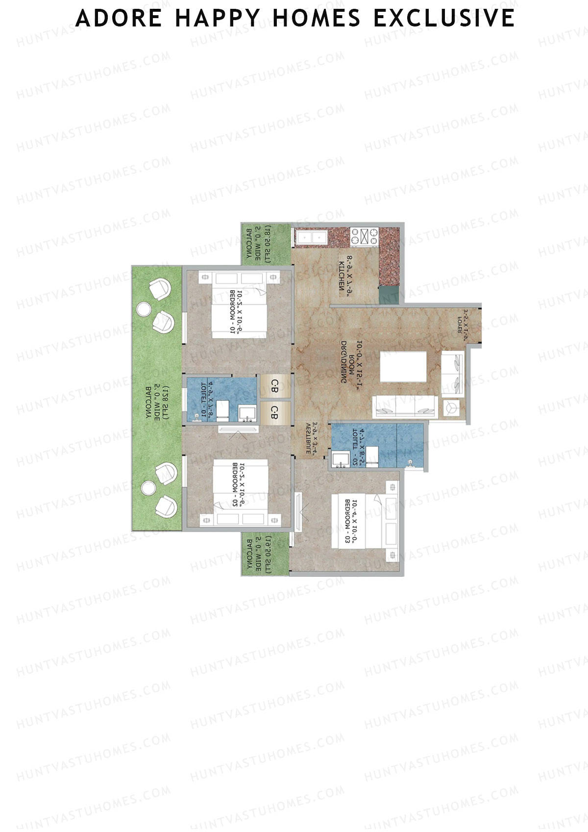 Adore Happy Homes Exclusive, Tower 20, Unit 1 (Type D), 3BHK, Super Area 811   sq ft 