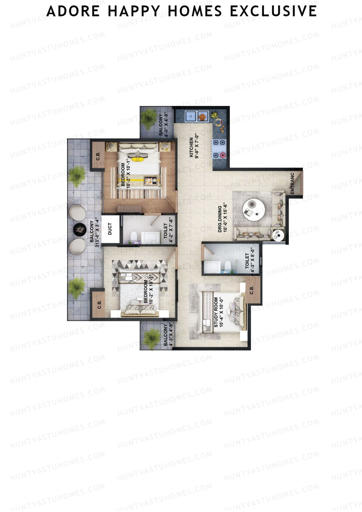 Adore Happy Homes Exclusive, Tower 21, Unit 1 (Type 2), 3BHK, Super Area 645   sq ft 