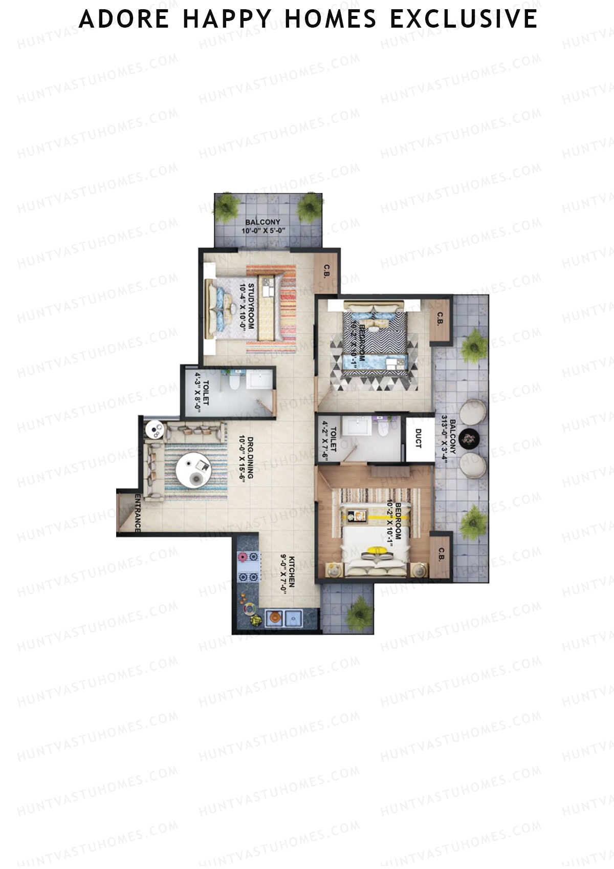Adore Happy Homes Exclusive, Tower 21, Unit 3 (Type 1), 3BHK, Super Area 645   sq ft 