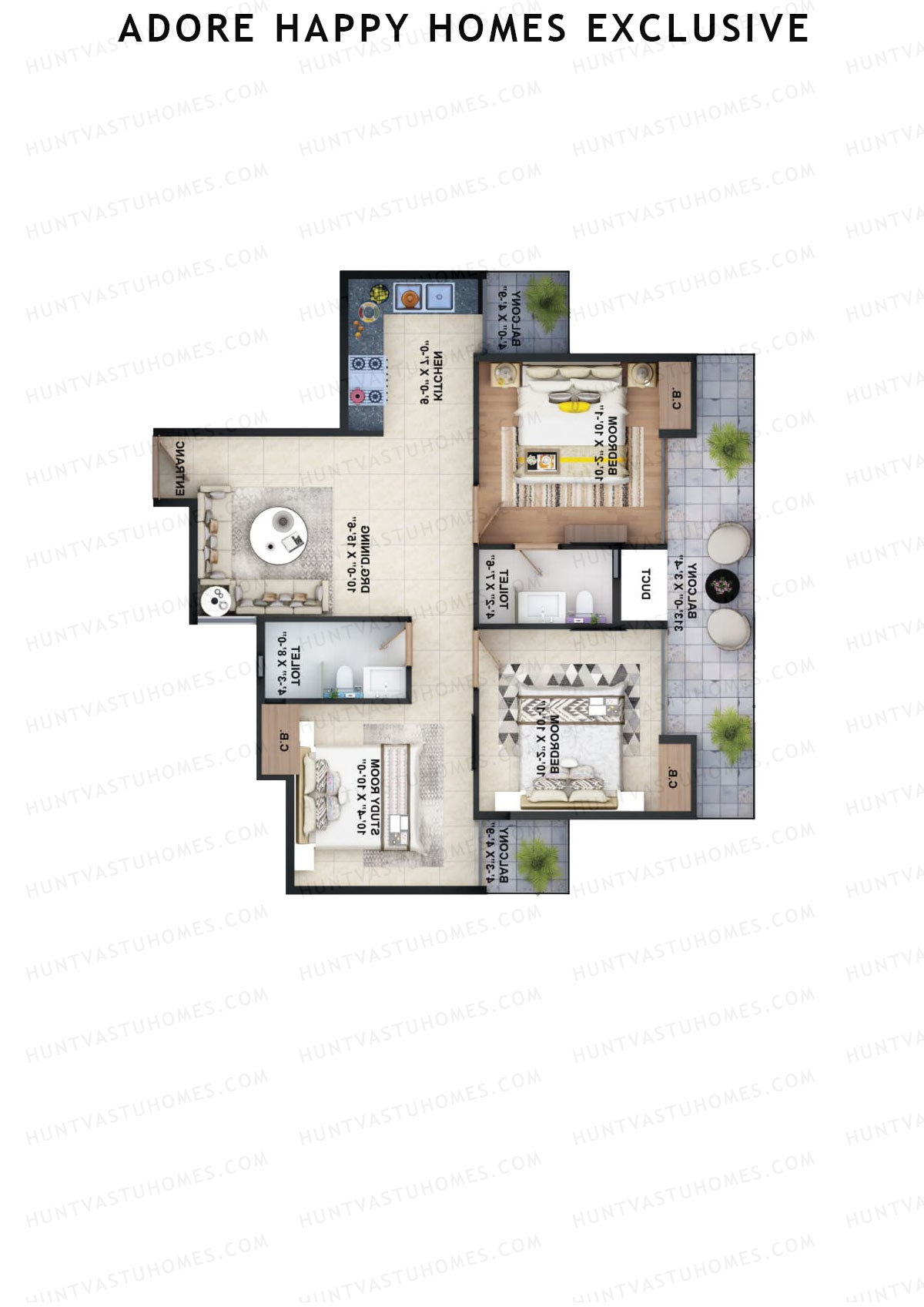 Adore Happy Homes Exclusive, Tower 21, Unit 4 (Type 2), 3BHK, Super Area 645   sq ft 