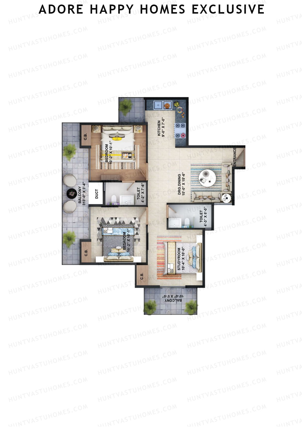 Adore Happy Homes Exclusive, Tower 22, Unit 1 (Type 1), 3BHK, Super Area 645   sq ft 