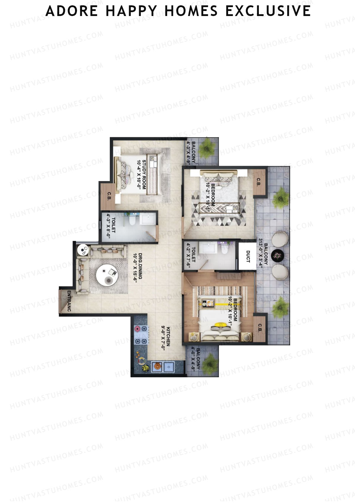 Adore Happy Homes Exclusive, Tower 22, Unit 3 (Type 2), 3BHK, Super Area 645   sq ft 