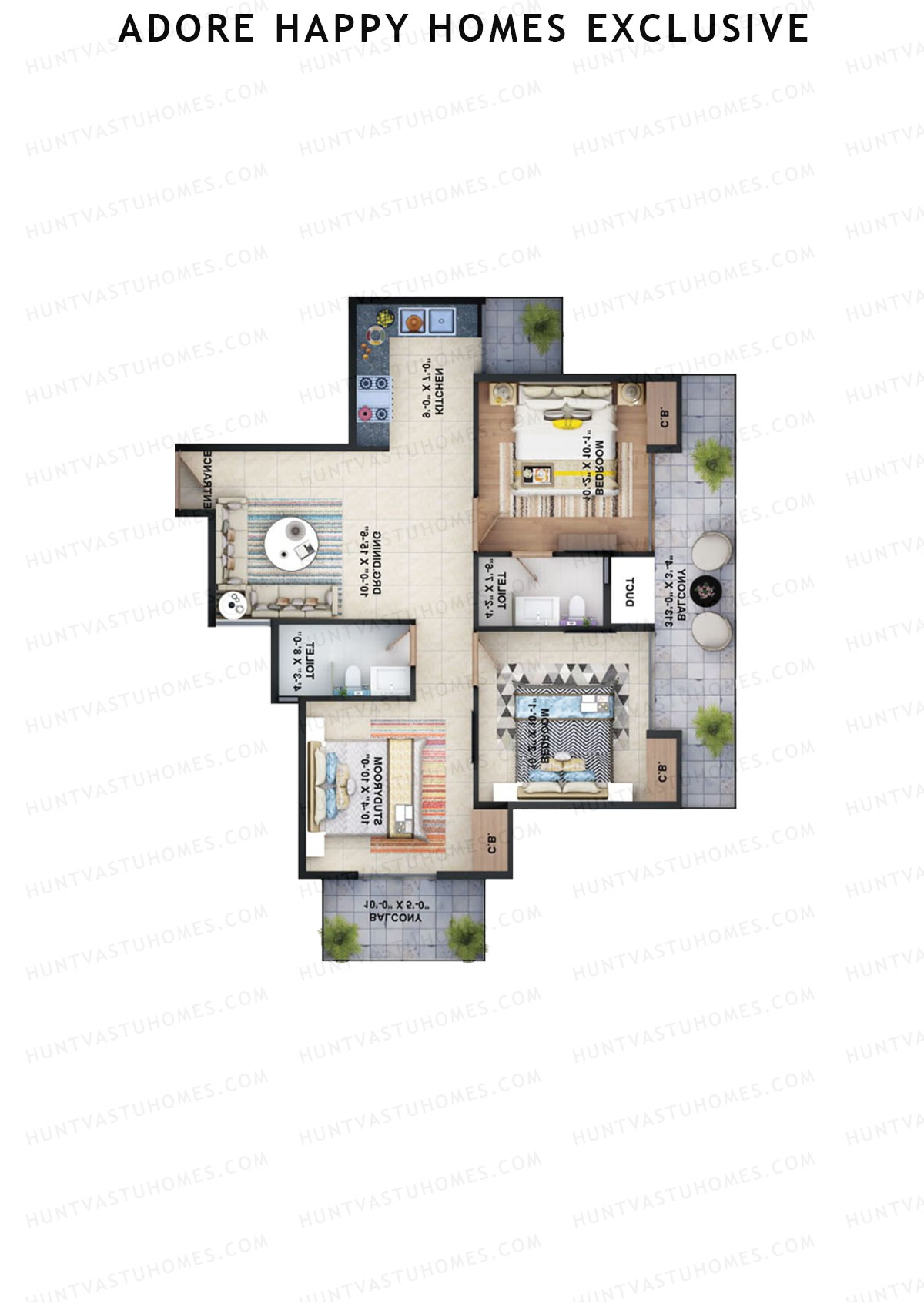 Adore Happy Homes Exclusive, Tower 22, Unit 4 (Type 1), 3BHK, Super Area 645   sq ft 