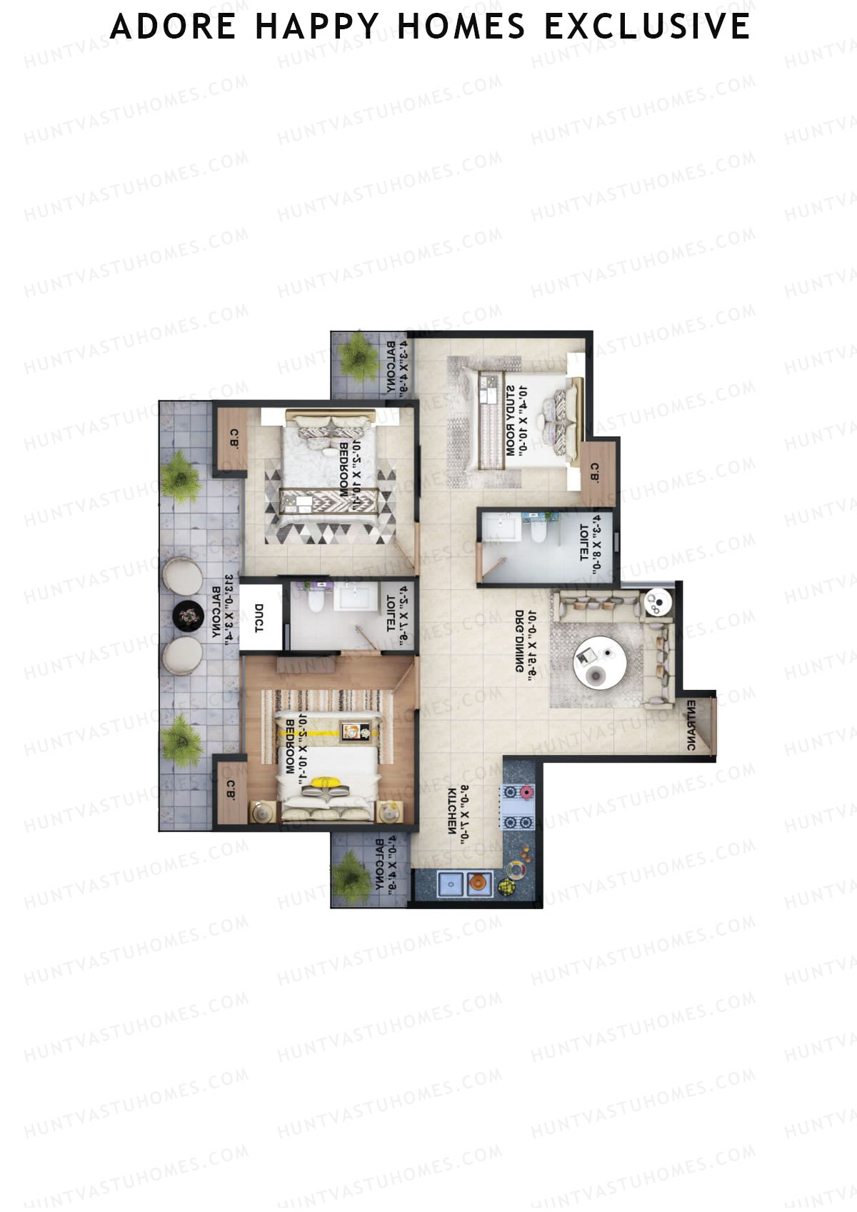 Adore Happy Homes Exclusive, Tower 23, Unit 2 (Type 2), 3BHK, Super Area 645   sq ft 