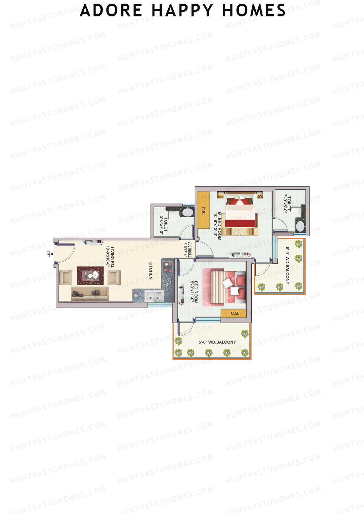 Adore Happy Homes, Tower 2, Unit 1 (Type B), 2BHK, Carpet Area 493   sq ft 