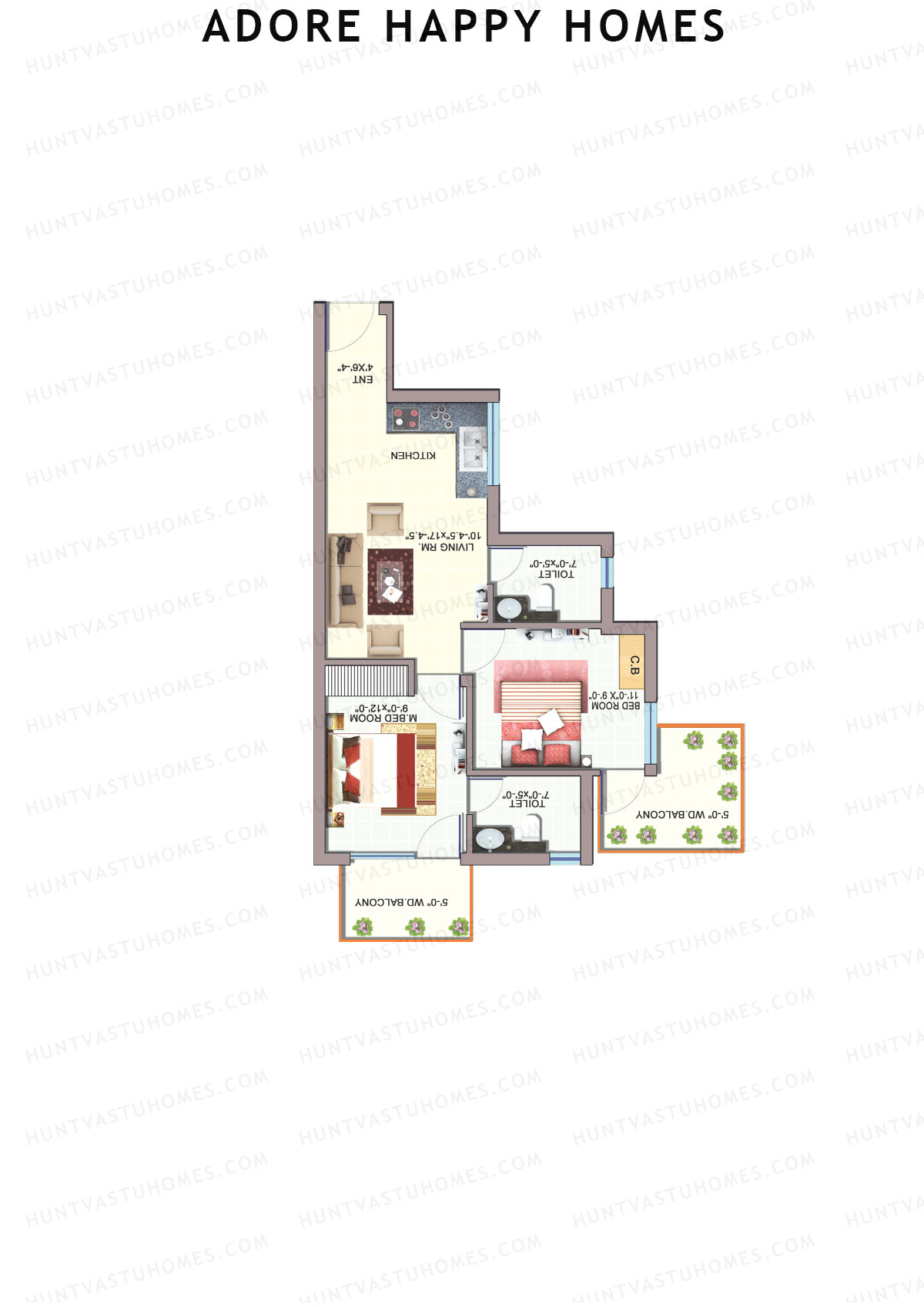 Adore Happy Homes, Tower 2, Unit 2 (Type A), 2BHK, Carpet Area 483   sq ft 