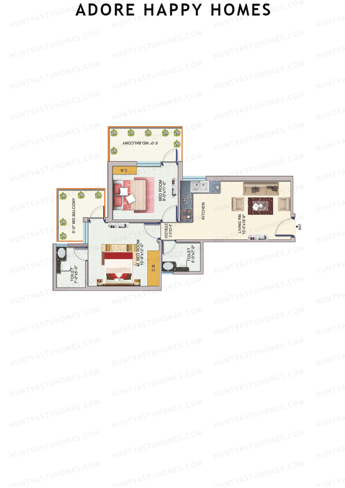 Adore Happy Homes, Tower 2, Unit 5 (Type B), 2BHK, Carpet Area 493   sq ft 