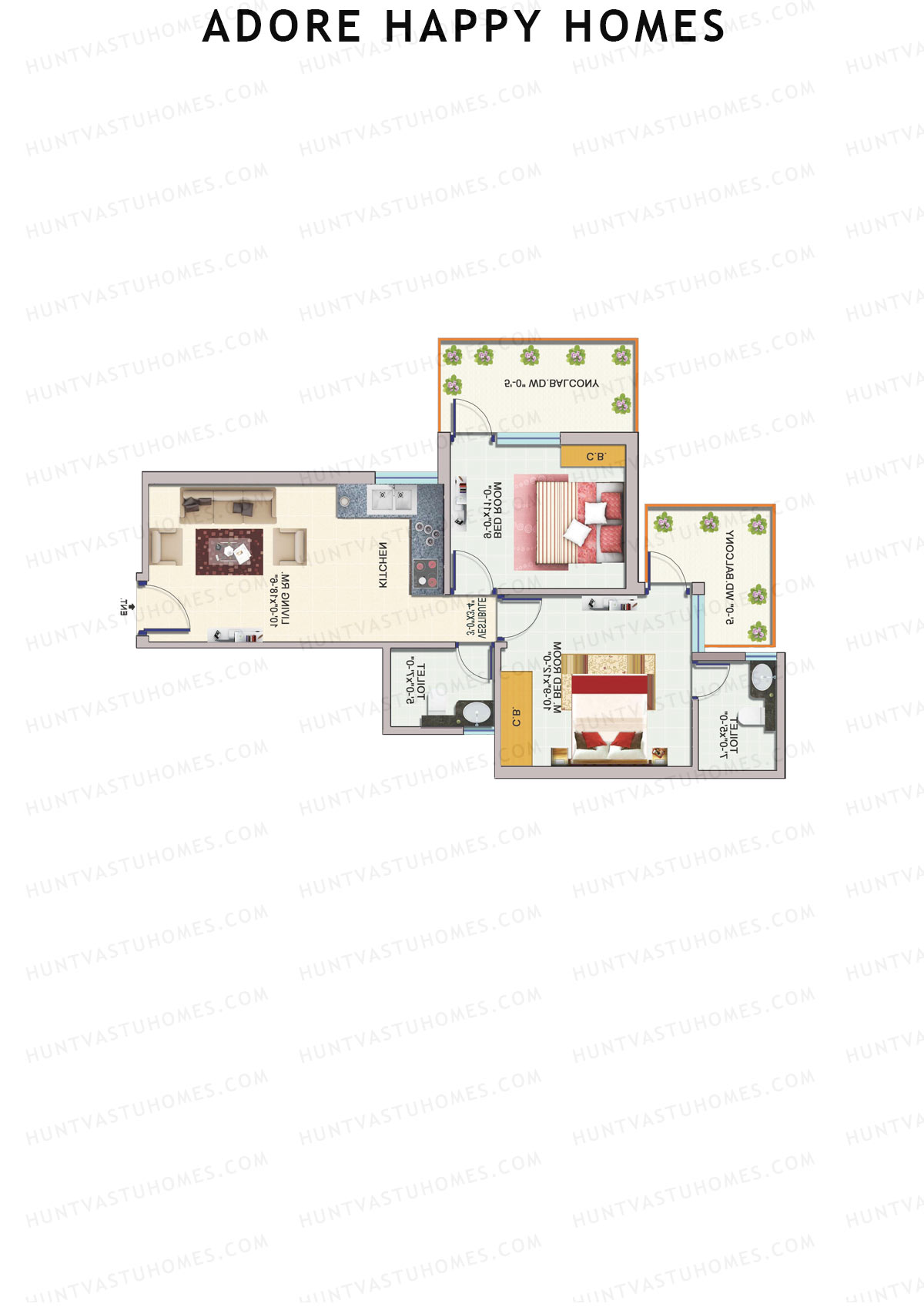 Adore Happy Homes, Tower 2, Unit 8 (Type B), 2BHK, Carpet Area 493   sq ft 
