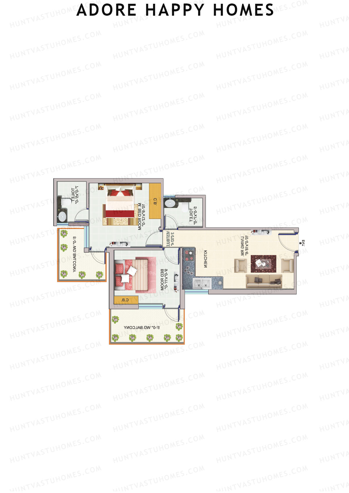 Adore Happy Homes, Tower 3, Unit 4 (Type B), 2BHK, Carpet Area 493   sq ft 