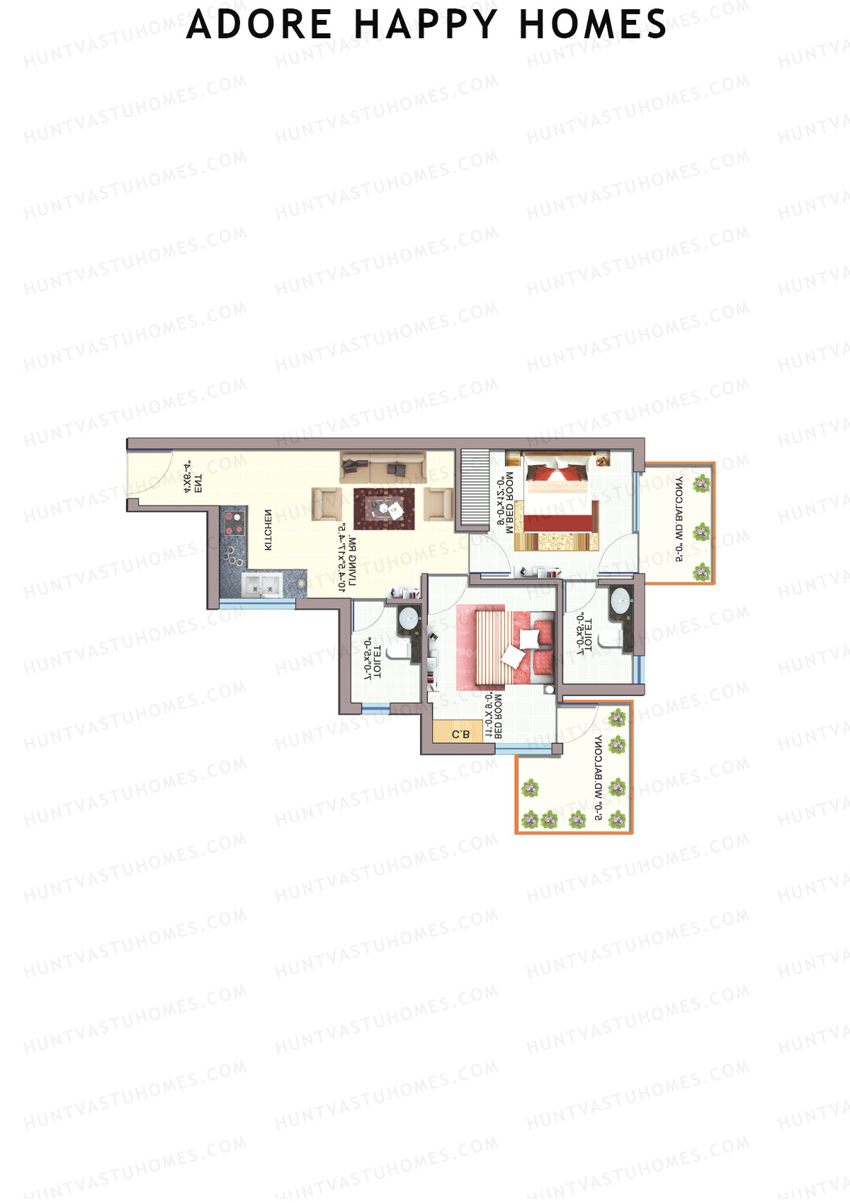 Adore Happy Homes, Tower 5, Unit 1 (Type A), 2BHK, Carpet Area 483   sq ft 