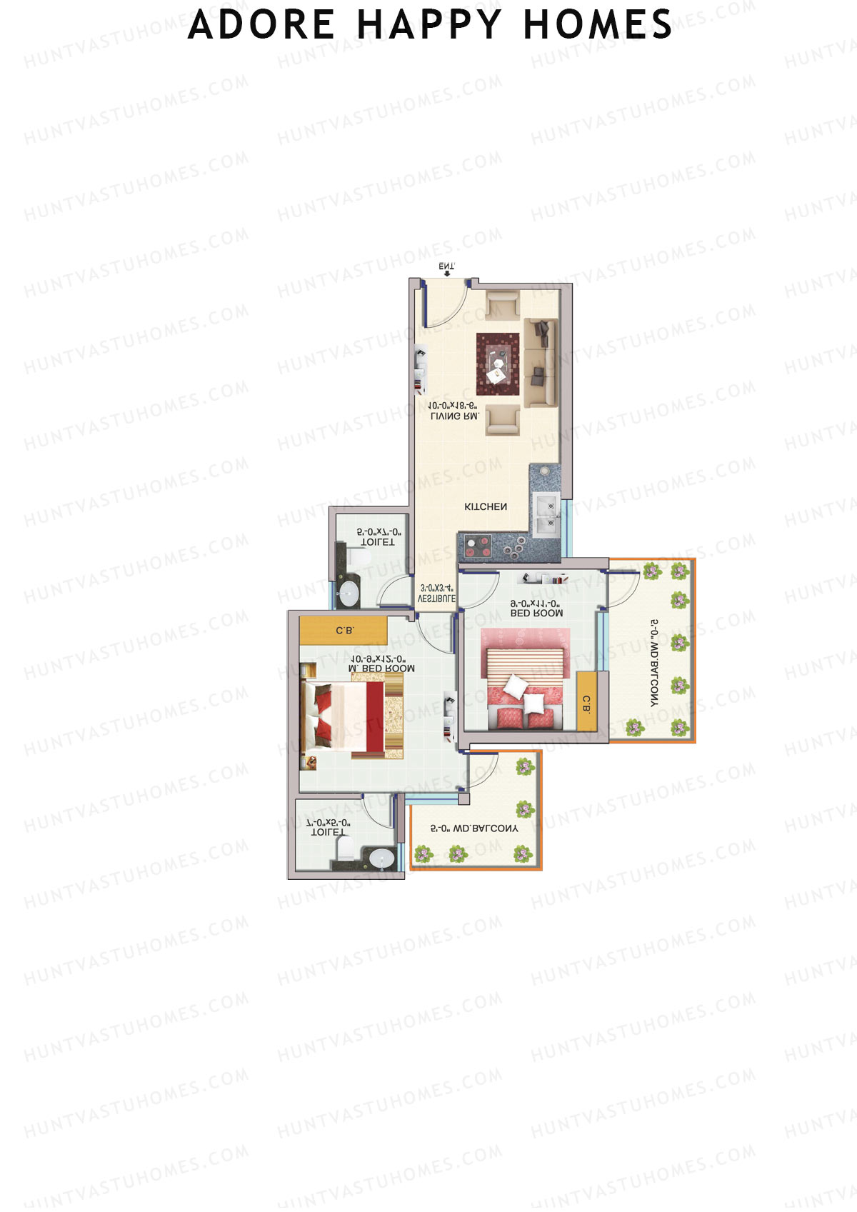 Adore Happy Homes, Tower 5, Unit 2 (Type B), 2BHK, Carpet Area 493   sq ft 