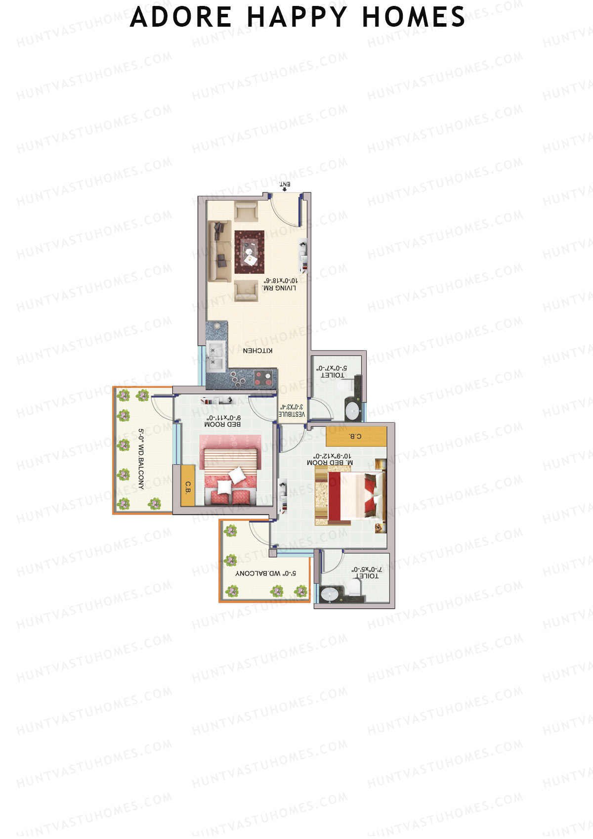 Adore Happy Homes, Tower 5, Unit 3 (Type B), 2BHK, Carpet Area 493   sq ft 