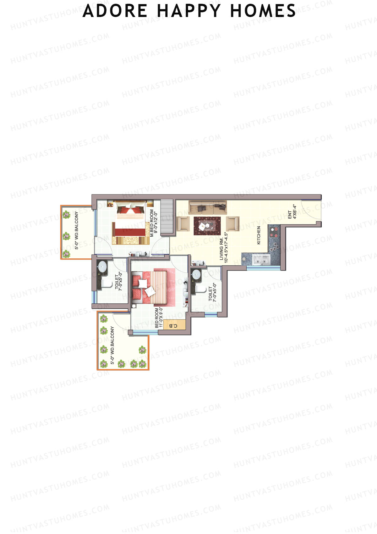 Adore Happy Homes, Tower 5, Unit 4 (Type A), 2BHK, Carpet Area 483   sq ft 