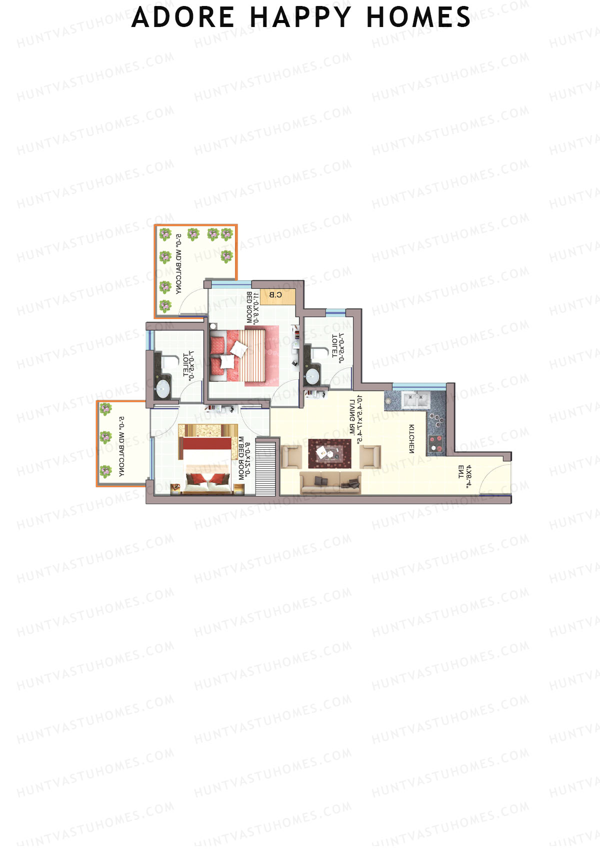Adore Happy Homes, Tower 5, Unit 5 (Type A), 2BHK, Carpet Area 483   sq ft 