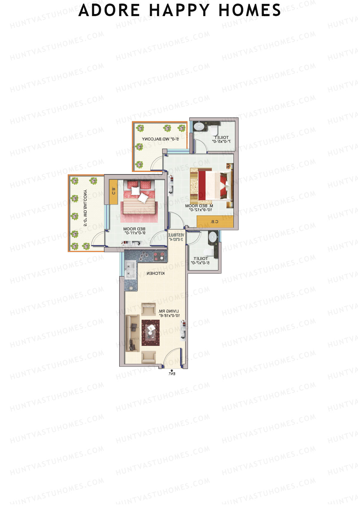 Adore Happy Homes, Tower 5, Unit 6 (Type B), 2BHK, Carpet Area 493   sq ft 