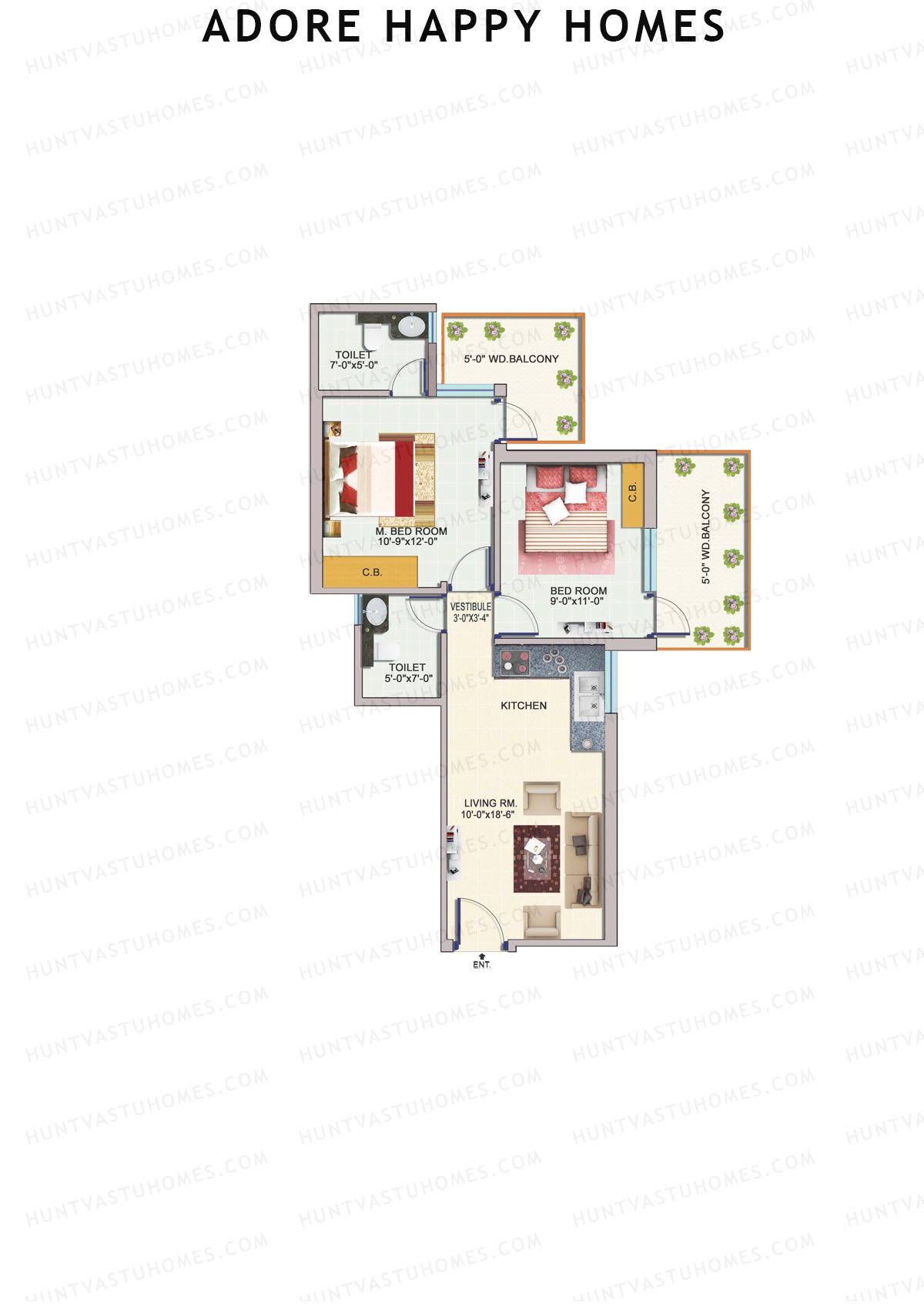 Adore Happy Homes, Tower 5, Unit 7 (Type B), 2BHK, Carpet Area 493   sq ft 