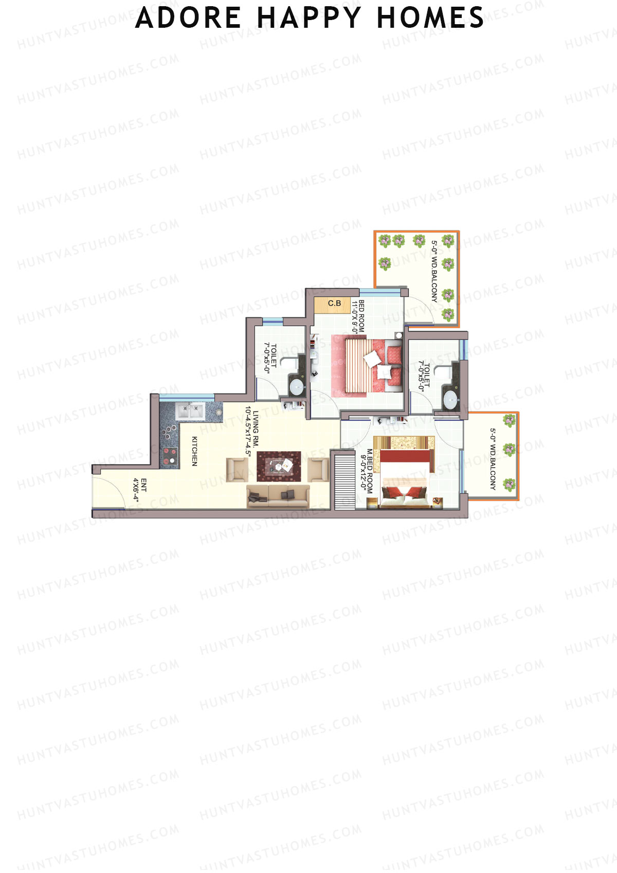 Adore Happy Homes, Tower 5, Unit 8 (Type A), 2BHK, Carpet Area 483   sq ft 