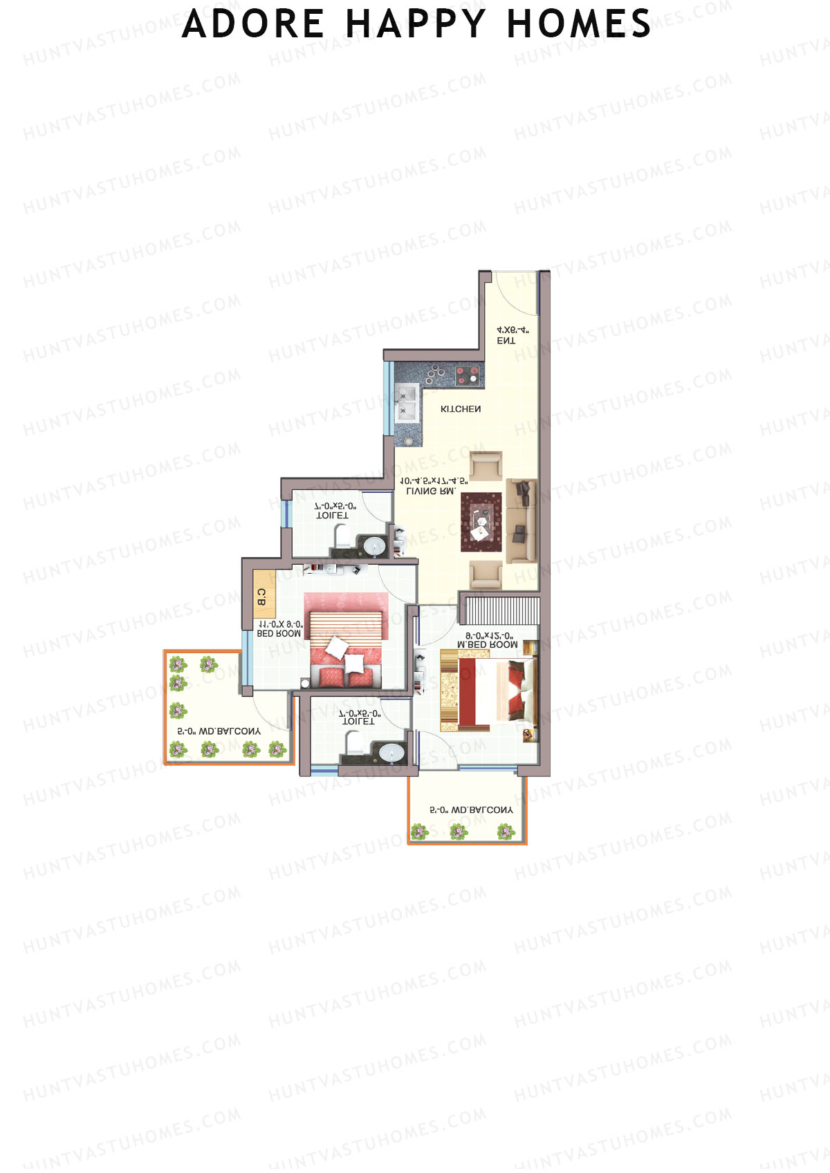 Adore Happy Homes, Tower 7, Unit 3 (Type A), 2BHK, Carpet Area 483   sq ft 