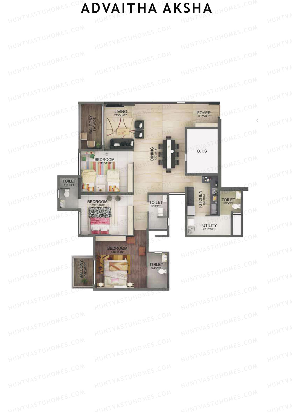 Advaitha Aksha, Block B, Unit 1, 3BHK, Super Area 1999   sq ft 