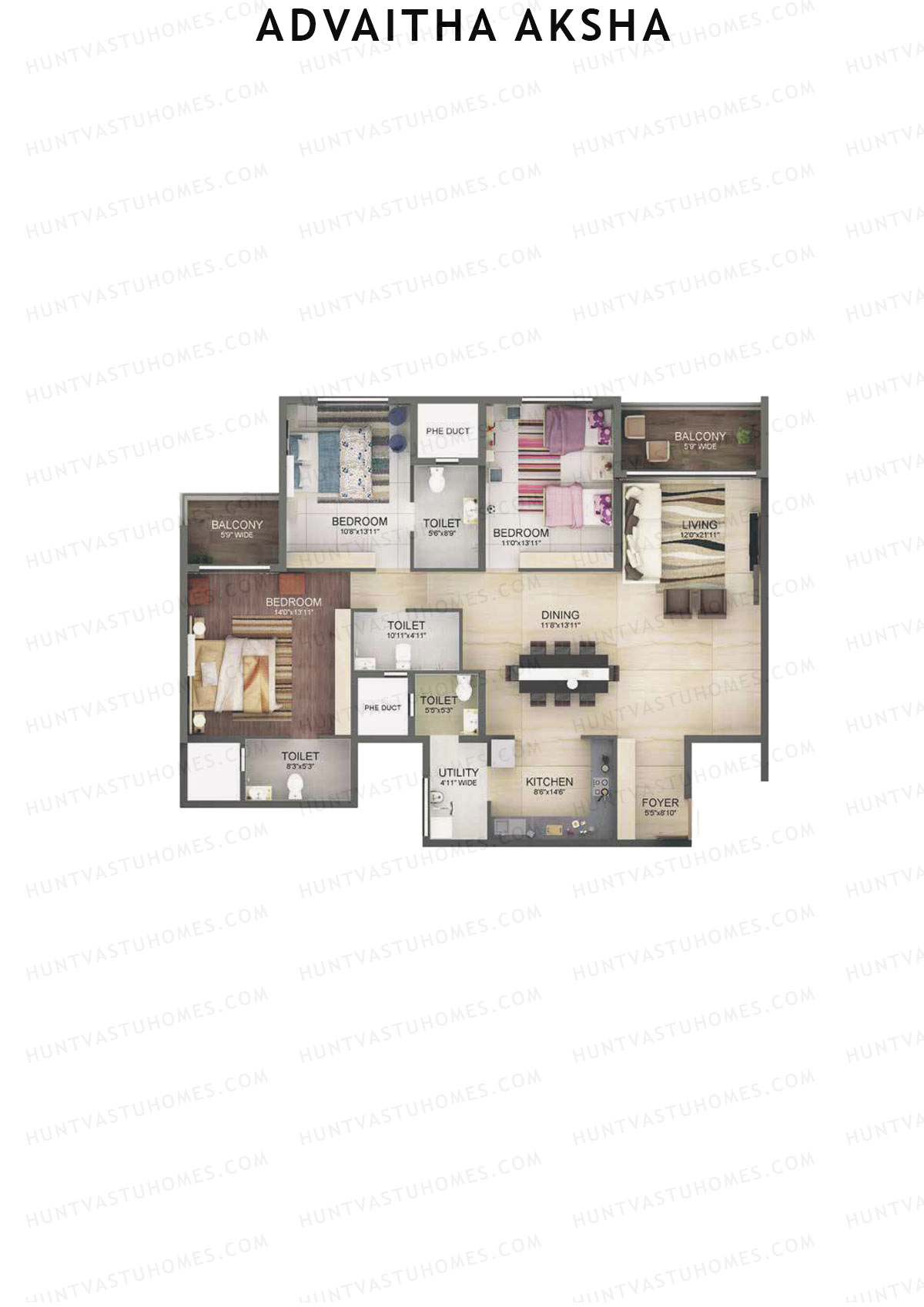 Advaitha Aksha, Block B, Unit 2, 3BHK, Super Area 1948   sq ft 