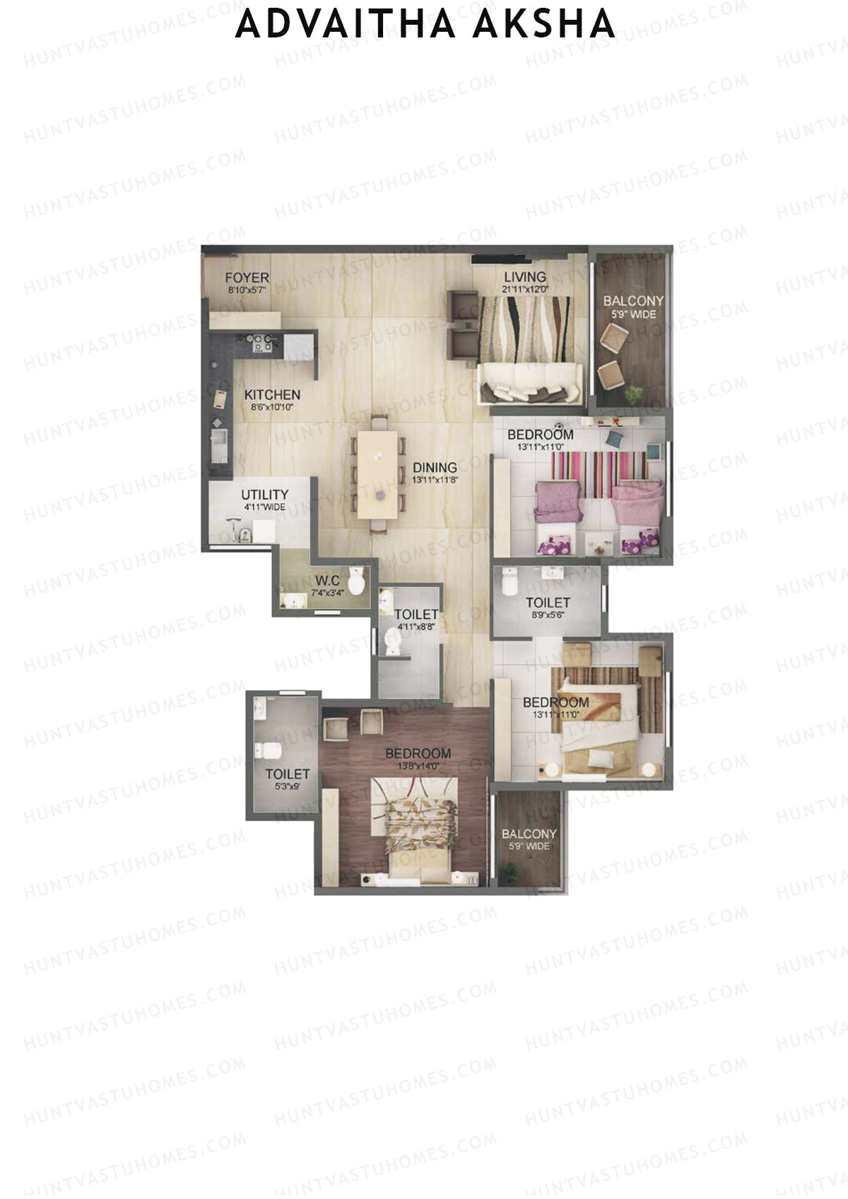 Advaitha Aksha, Block C, Unit 4, 3BHK, Super Area 1959   sq ft 