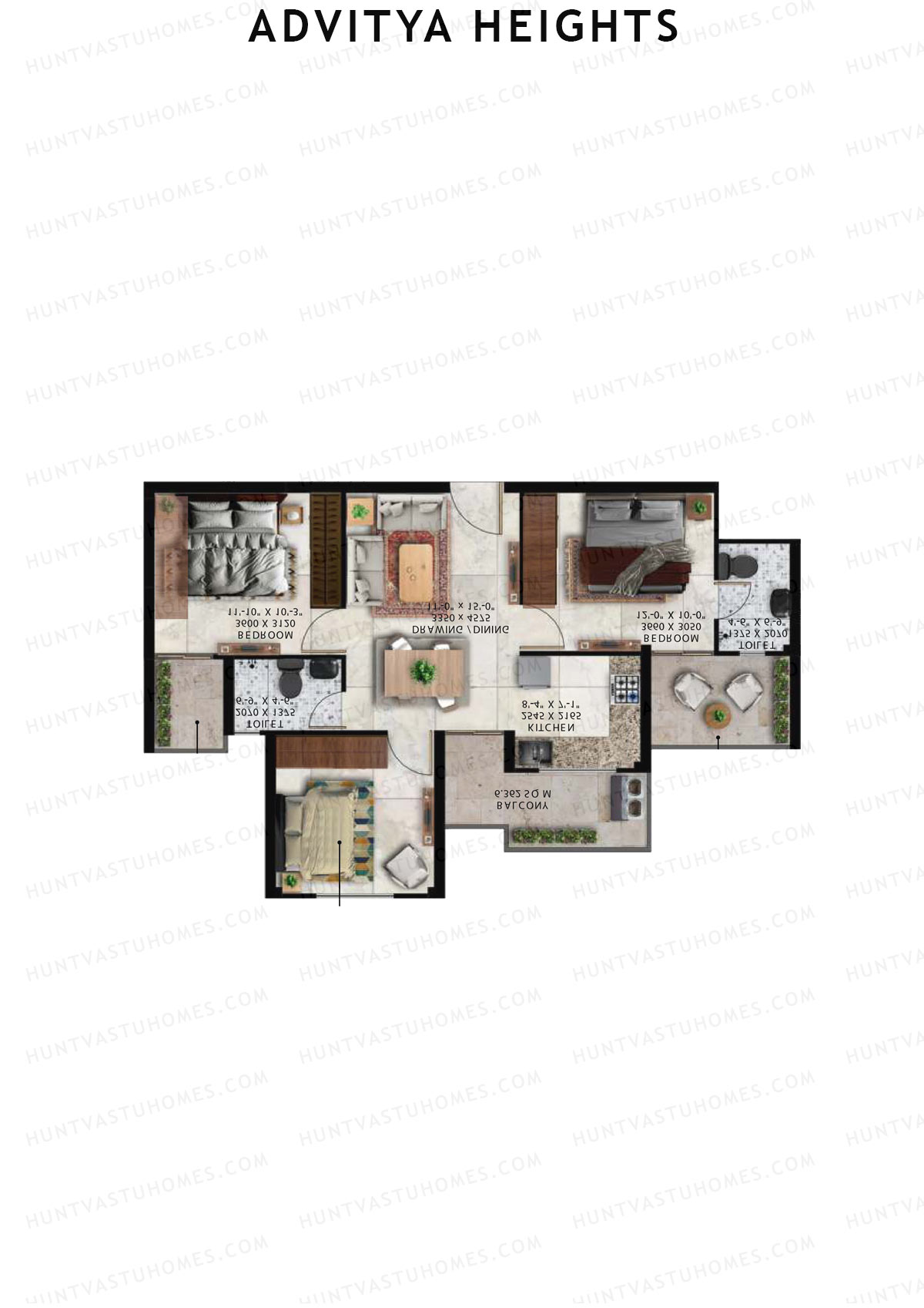 Advitya Heights, Tower 11, Unit 1, 3BHK, Carpet Area 645   sq ft 