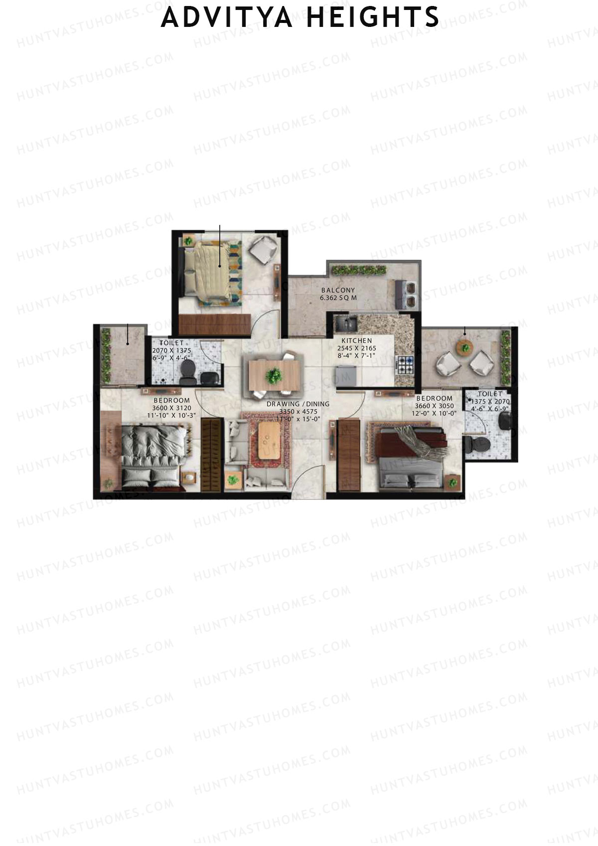Advitya Heights, Tower 11, Unit 2, 3BHK, Carpet Area 645   sq ft 
