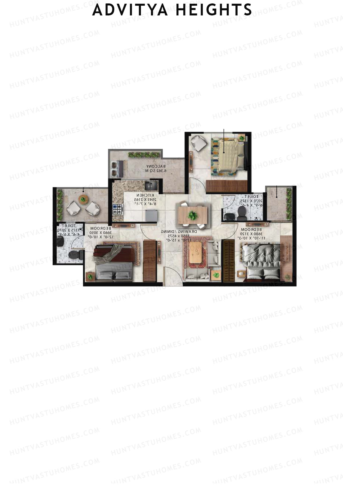 Advitya Heights, Tower 11, Unit 3, 3BHK, Carpet Area 645   sq ft 