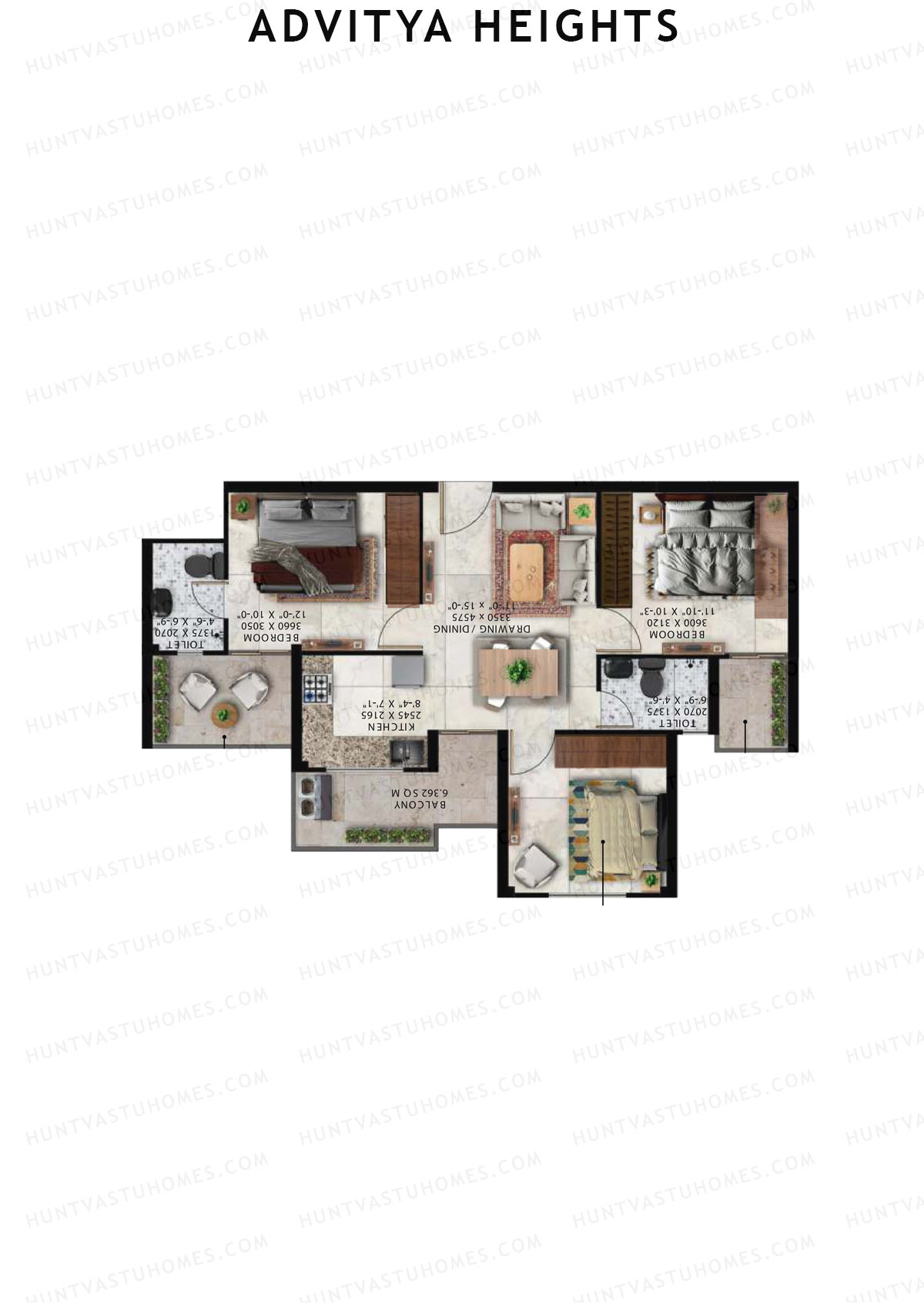 Advitya Heights, Tower 11, Unit 4, 3BHK, Carpet Area 645   sq ft 