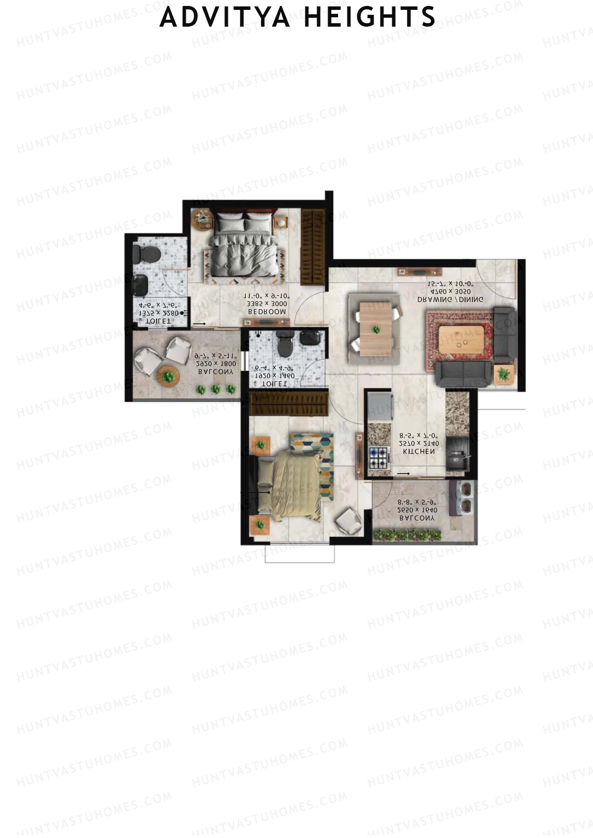 Advitya Heights, Tower 12, Unit 1, 2BHK, Carpet Area 525   sq ft 