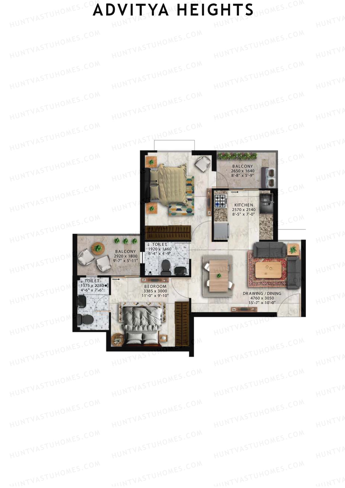 Advitya Heights, Tower 12, Unit 2, 2BHK, Carpet Area 525   sq ft 