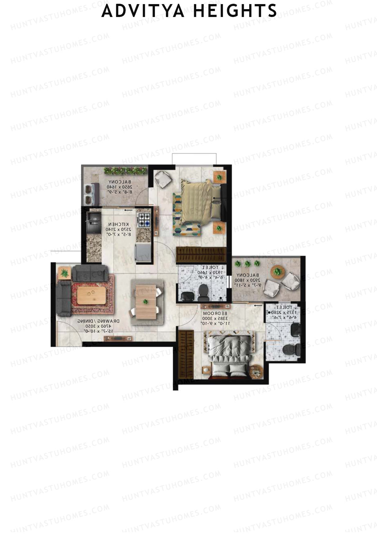 Advitya Heights, Tower 13, Unit 3, 2BHK, Carpet Area 525   sq ft 