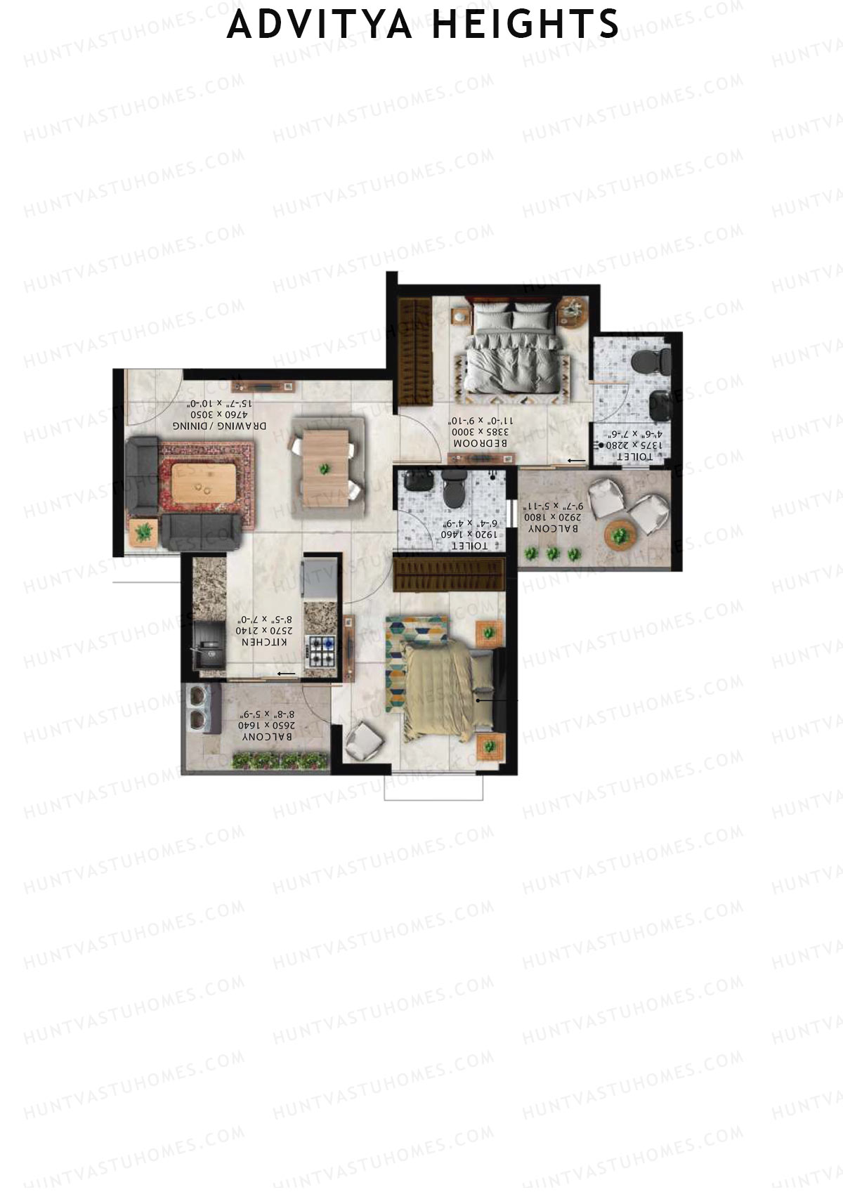 Advitya Heights, Tower 13, Unit 4, 2BHK, Carpet Area 525   sq ft 