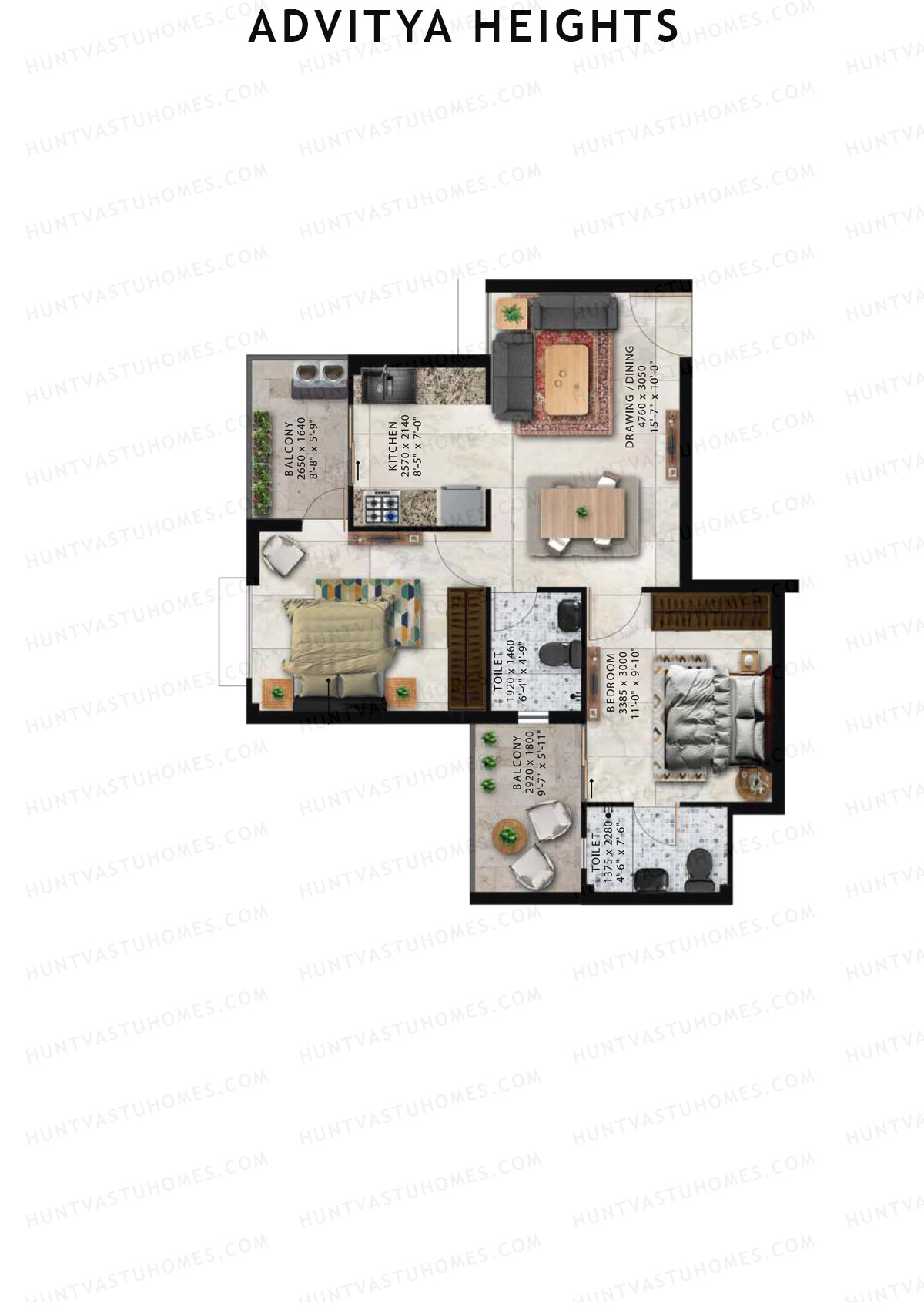 Advitya Heights, Tower 14, Unit 2, 2BHK, Carpet Area 525   sq ft 