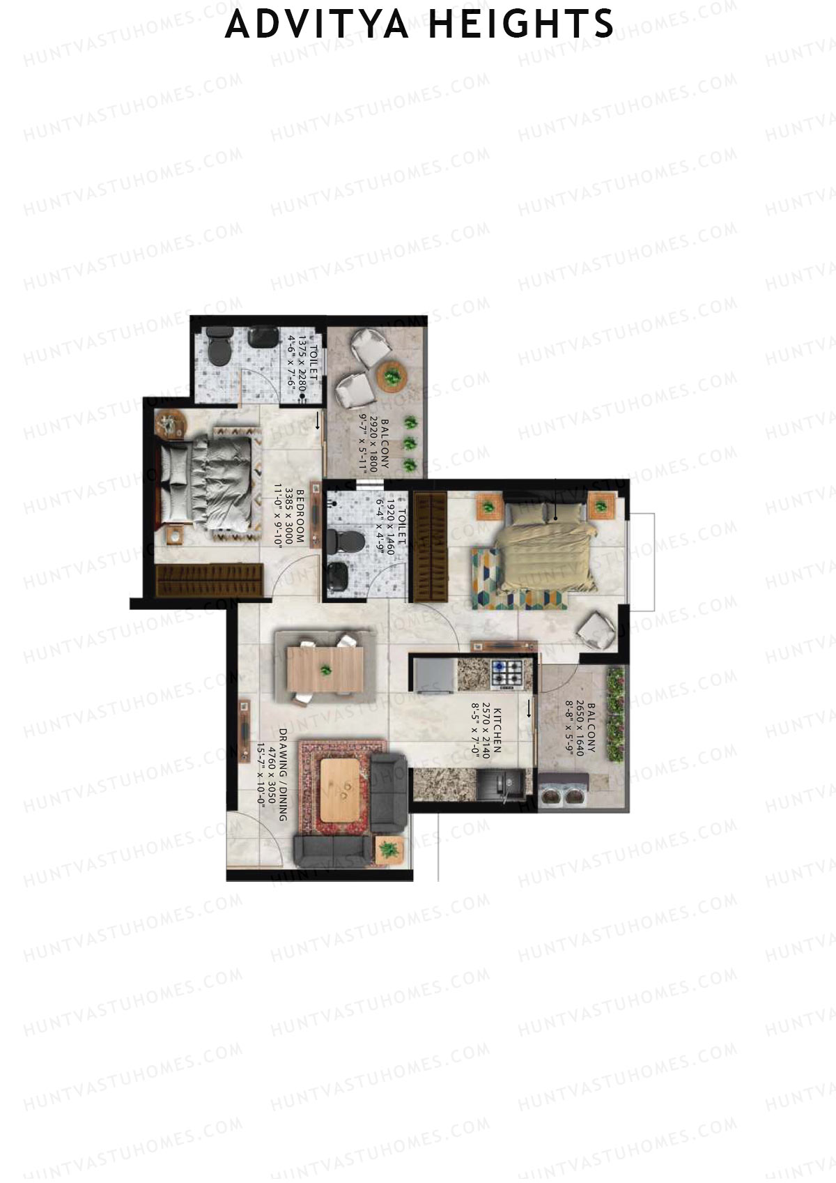 Advitya Heights, Tower 14, Unit 4, 2BHK, Carpet Area 525   sq ft 
