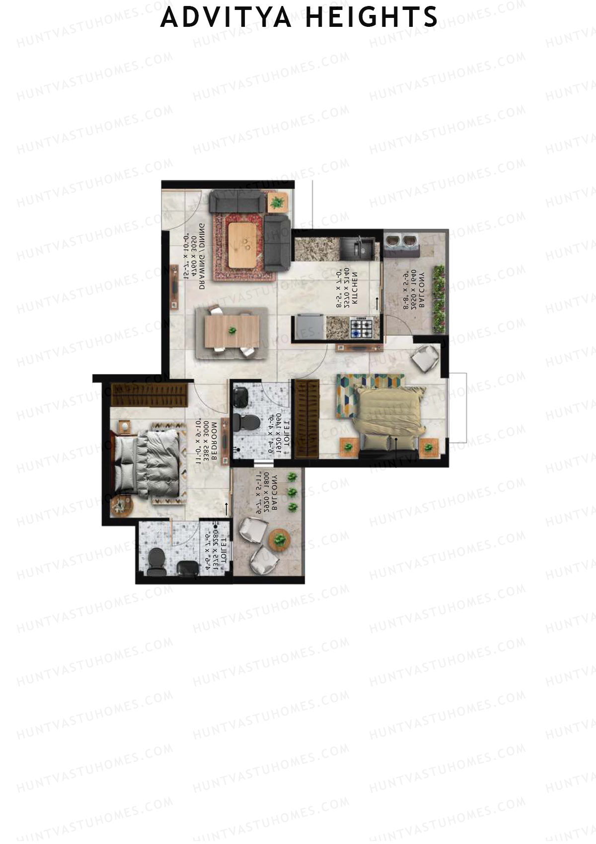 Advitya Heights, Tower 15, Unit 1, 2BHK, Carpet Area 525   sq ft 
