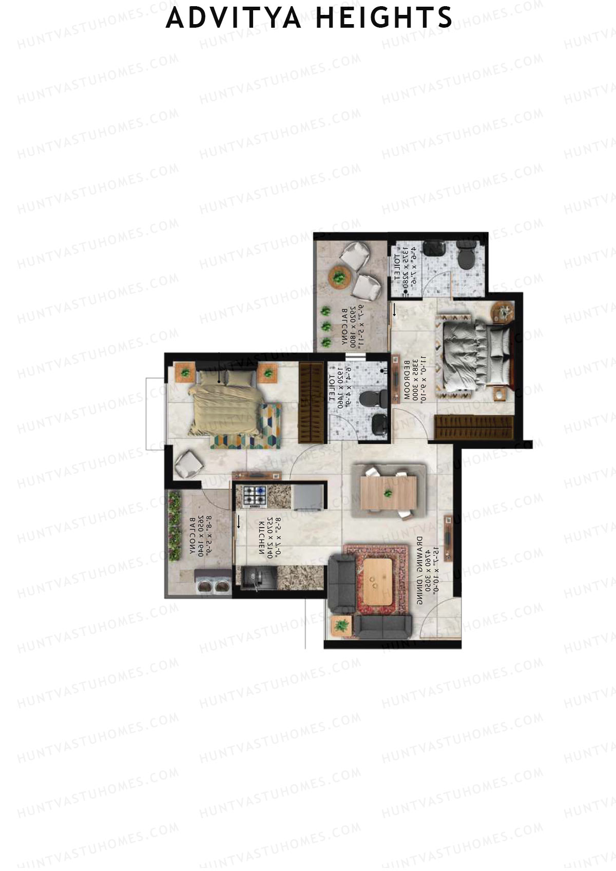 Advitya Heights, Tower 15, Unit 3, 2BHK, Carpet Area 525   sq ft 