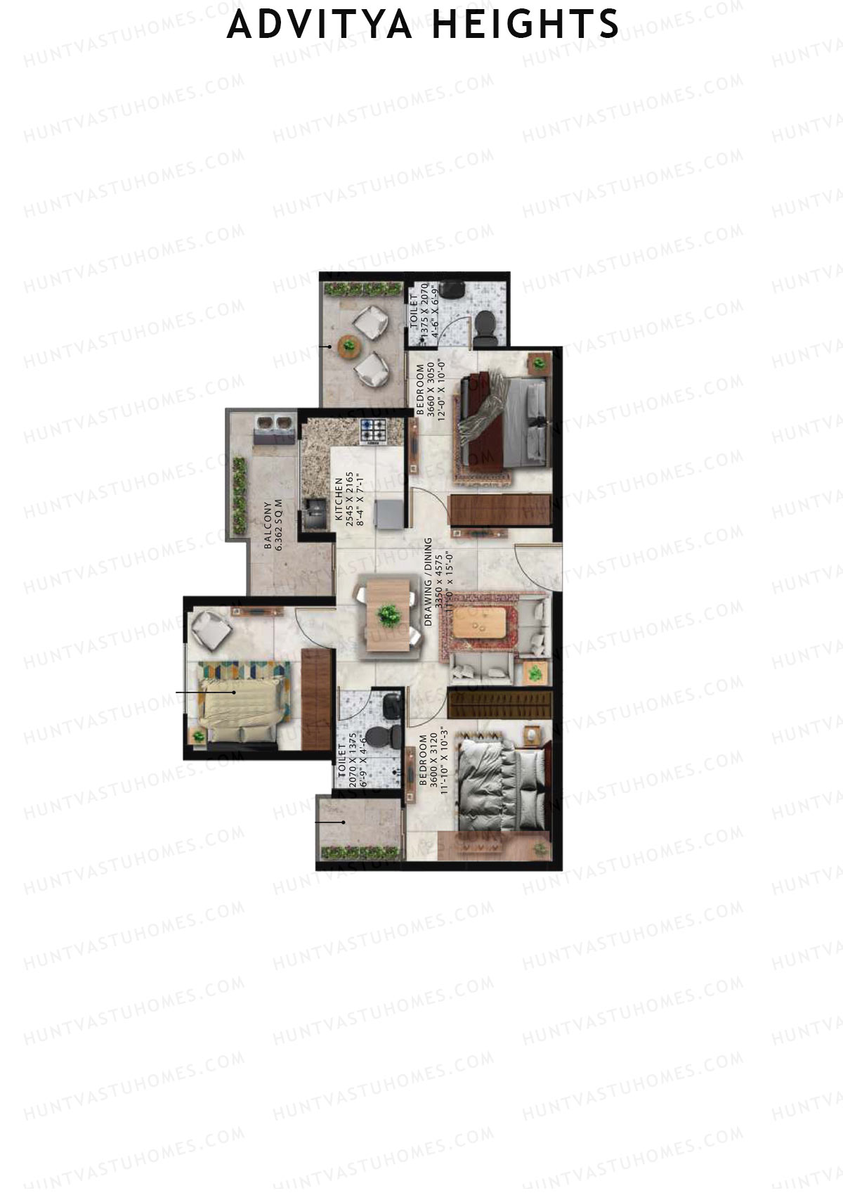 Advitya Heights, Tower 16, Unit 2, 3BHK, Carpet Area 645   sq ft 