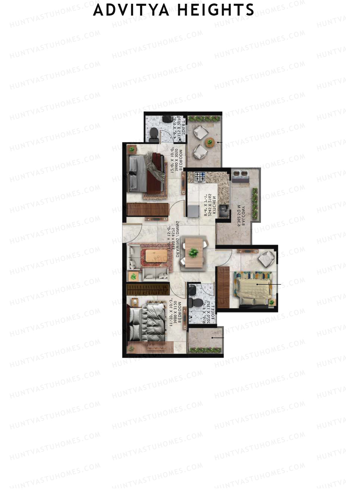 Advitya Heights, Tower 17, Unit 1, 3BHK, Carpet Area 645   sq ft 