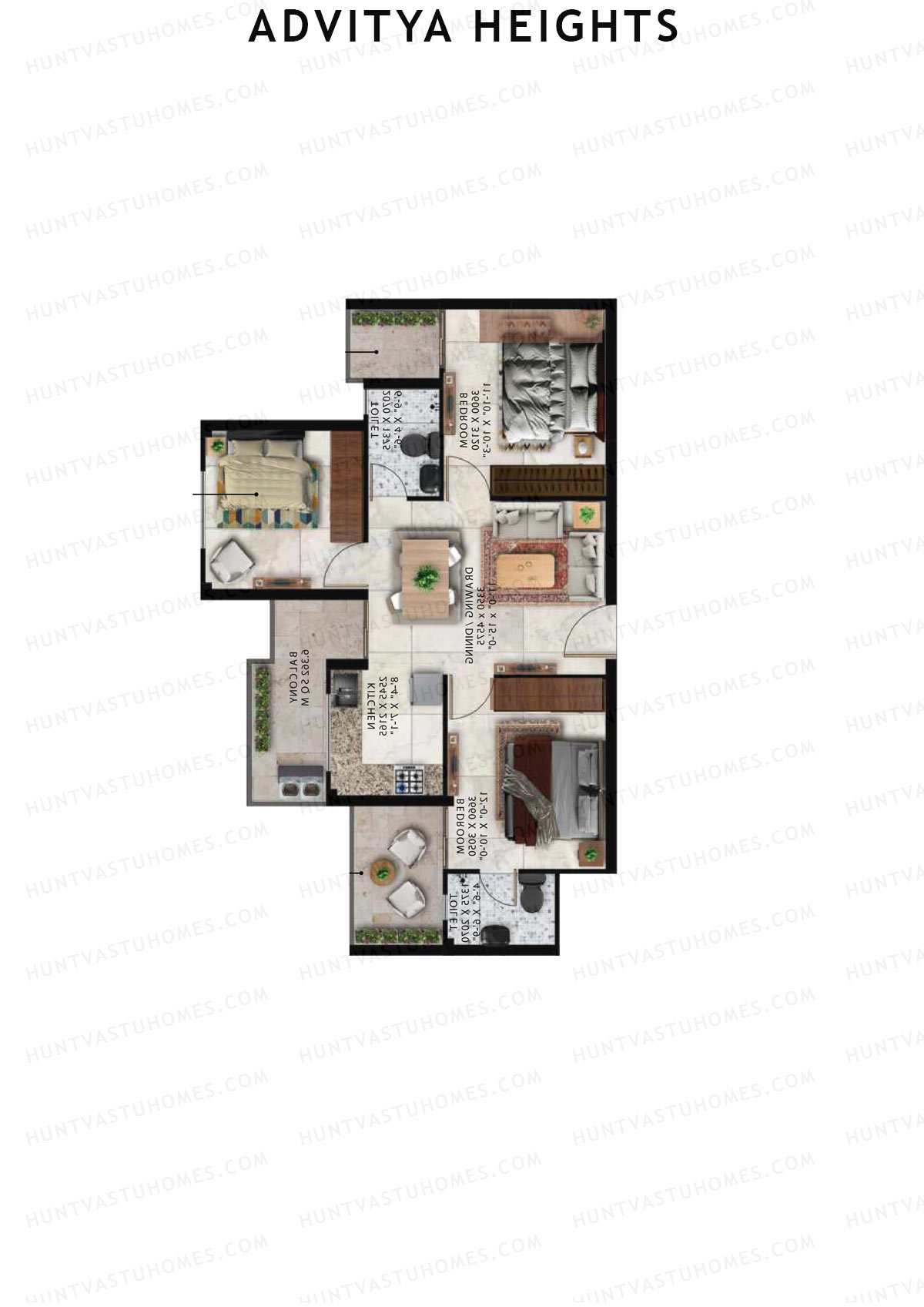 Advitya Heights, Tower 17, Unit 3, 3BHK, Carpet Area 645   sq ft 