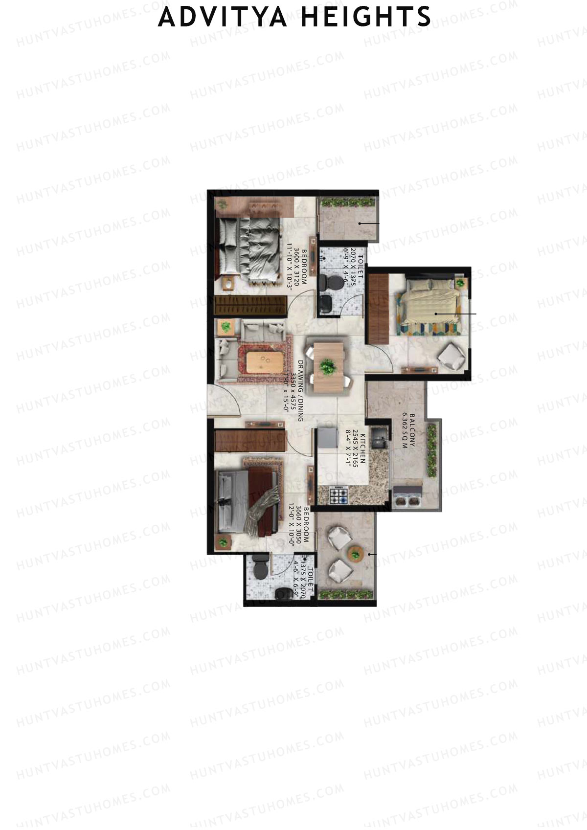 Advitya Heights, Tower 17, Unit 4, 3BHK, Carpet Area 645   sq ft 