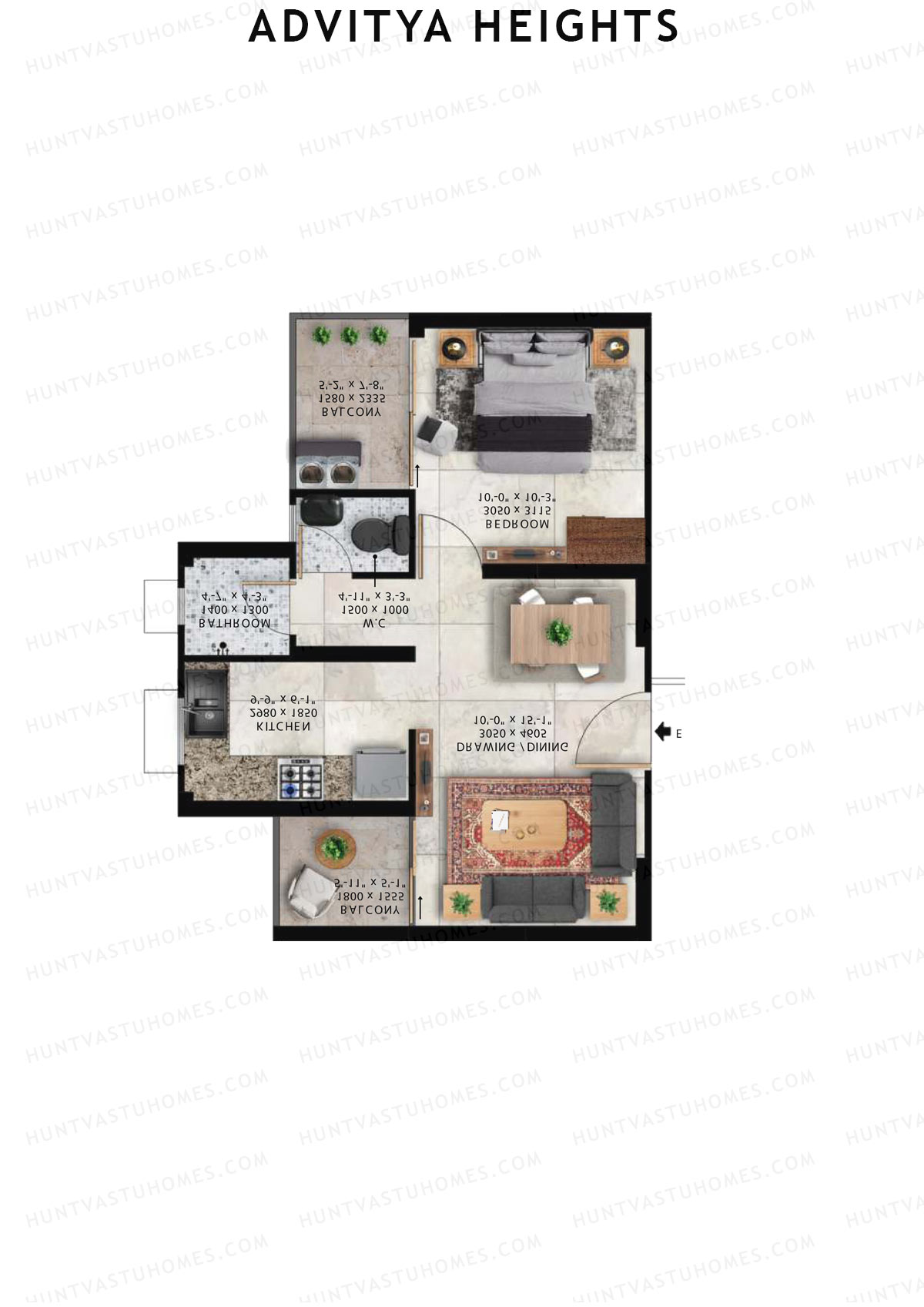 Advitya Heights, Tower 18, Unit 2, 1BHK, Carpet Area 383   sq ft 