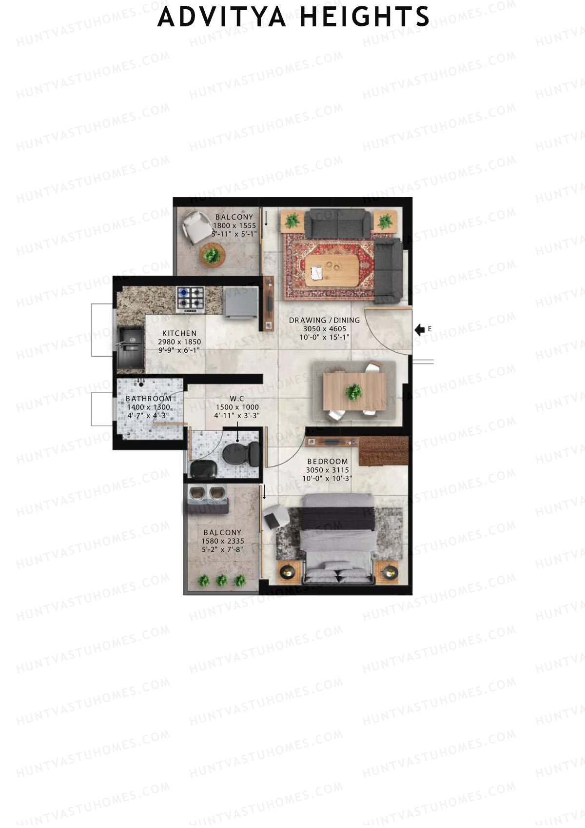 Advitya Heights, Tower 18, Unit 3, 1BHK, Carpet Area 383   sq ft 
