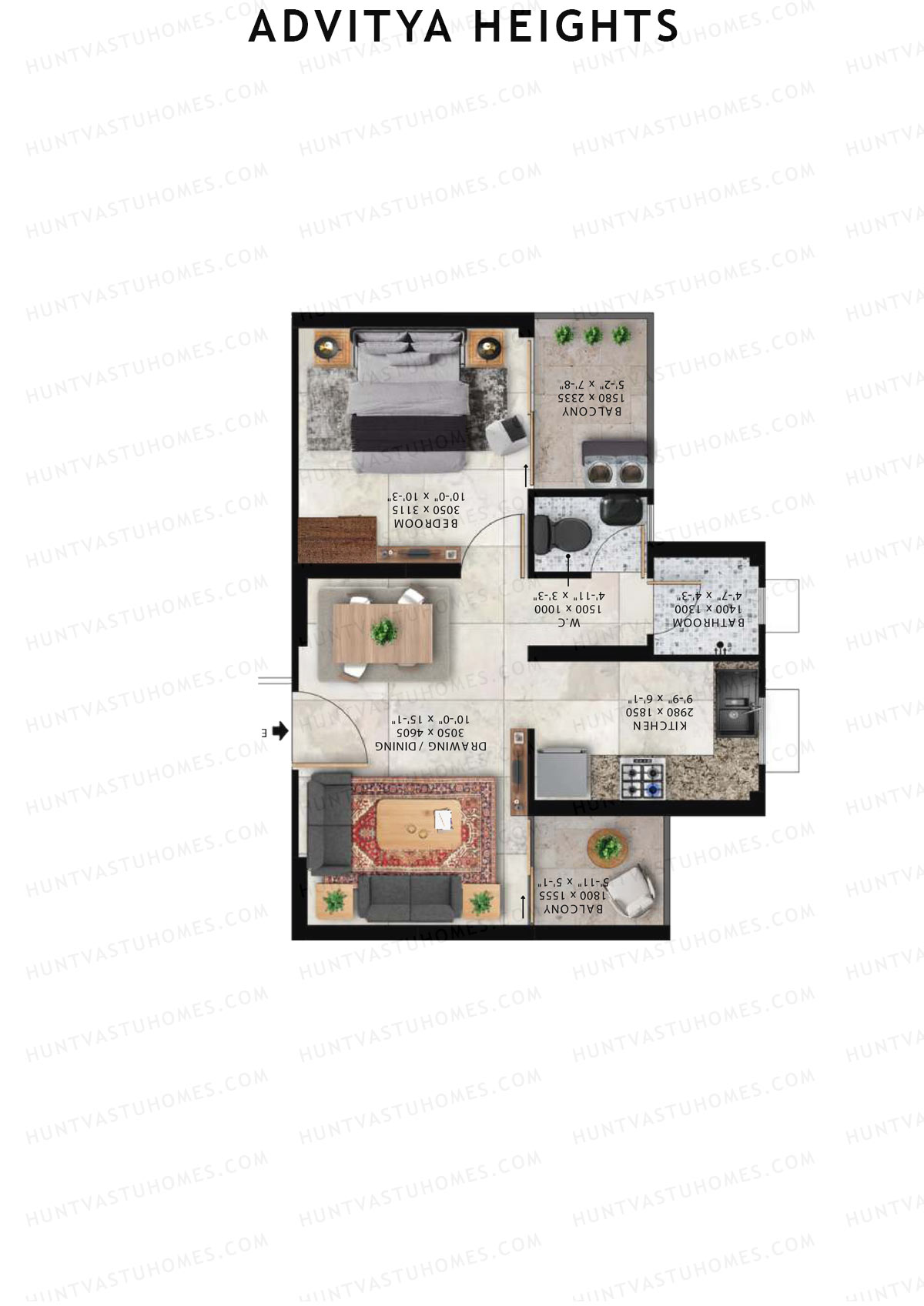 Advitya Heights, Tower 18, Unit 7, 1BHK, Carpet Area 383   sq ft 