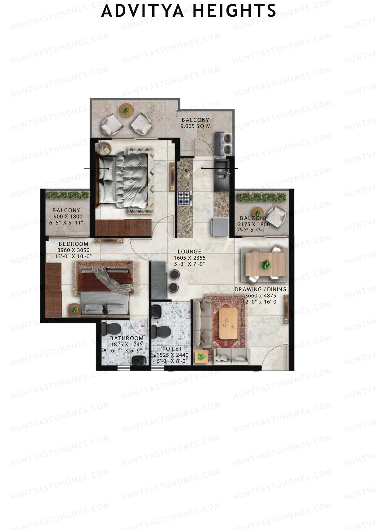 Advitya Heights, Tower 3, Unit 2, 2BHK, Carpet Area 645   sq ft 