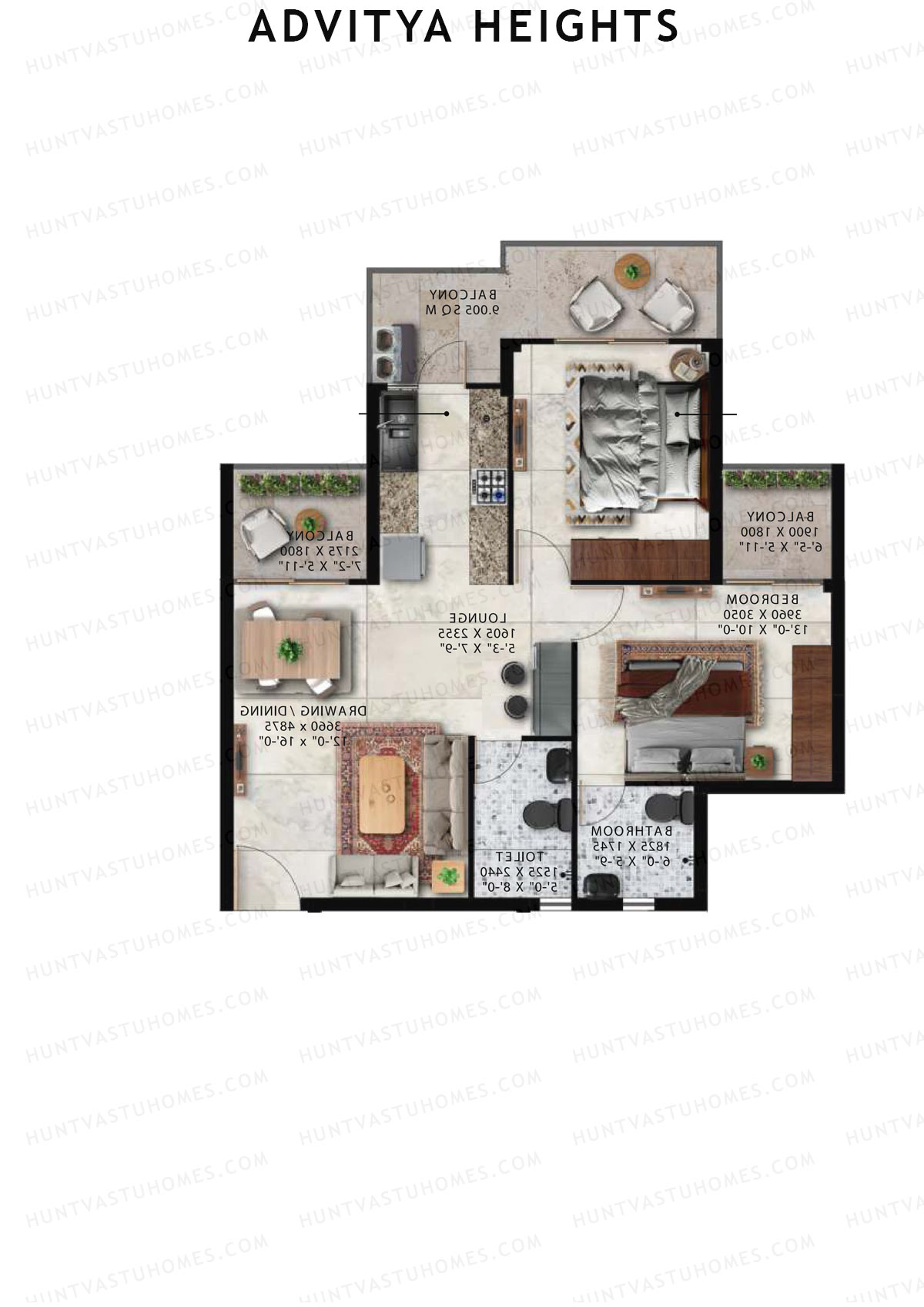 Advitya Heights, Tower 7, Unit 3, 2BHK, Carpet Area 645   sq ft 